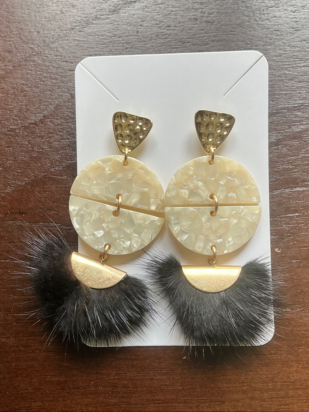CC Boutique Gold, Cream and Black Drop Earrings with Pom Accent